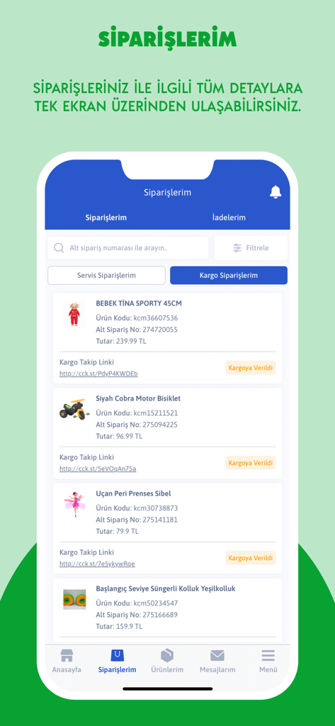 Çiçeksepeti Satıcı Paneli - A mobile app screen showing the order management panel for Çiçeksepeti sellers with a list of items like toys and tracking details