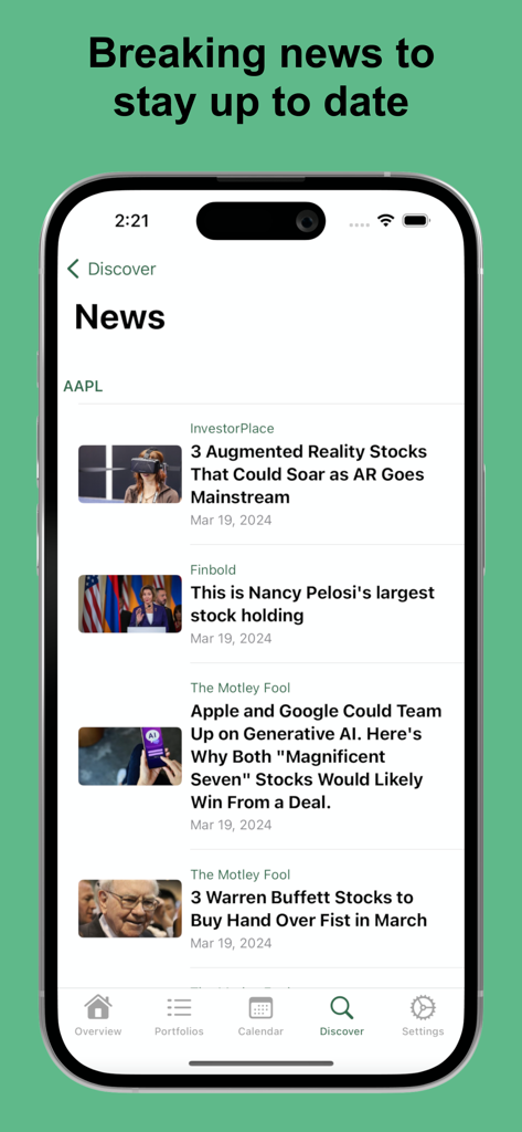 Dividend Tracker - DivTracker - DivTracker app interface showing a news feed with stock market articles for dividend investors