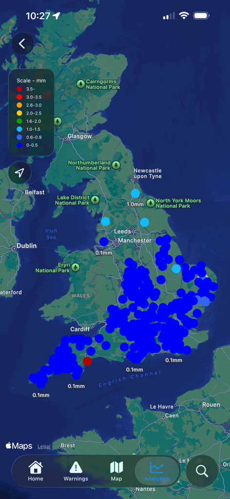 UkFloodPro - Map display of the UkFloodPro app showing live rainfall data across the United Kingdom