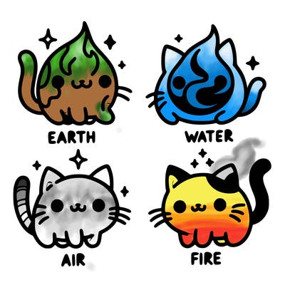 4 cats that represent the different elements, earth, water, air, and fire