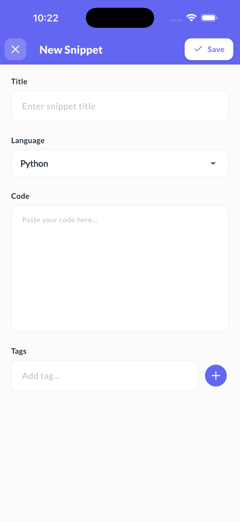 Mobile app interface for creating a new Python code snippet with fields for title, language selection, and code input.