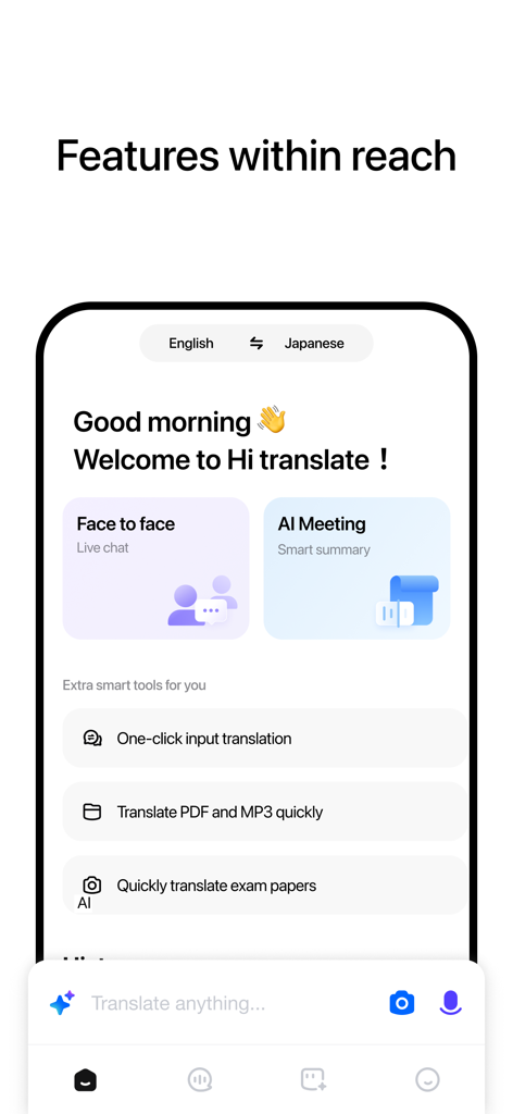 Hi Translate app interface displaying AI-powered features like face-to-face chat and AI meeting translation.