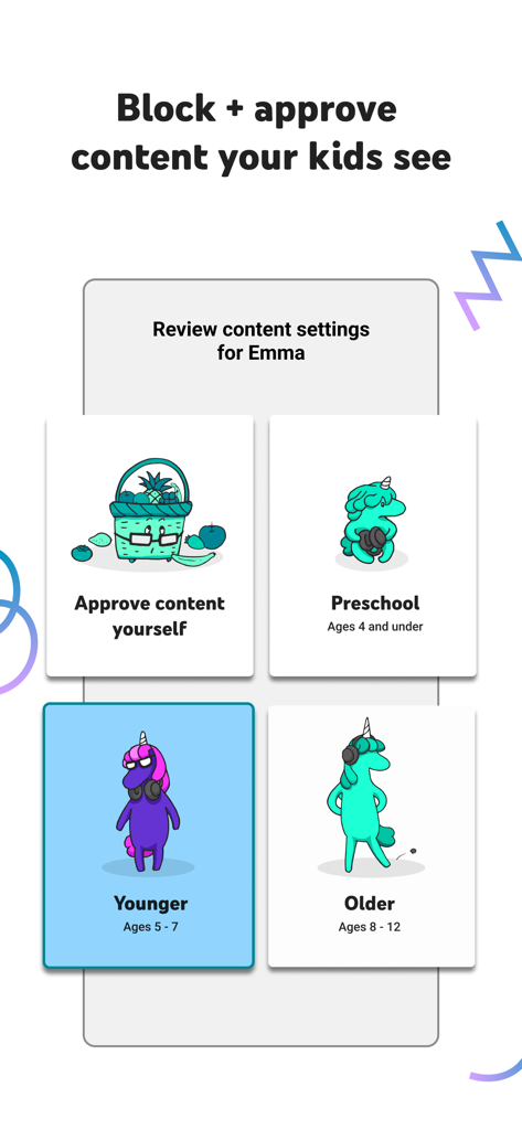 YouTube Kids interface for reviewing content settings and choosing age-appropriate modes for children