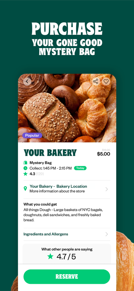 Gone Good - Gone Good app interface showing a five dollar surplus food mystery bag from a bakery containing bread and pastries.