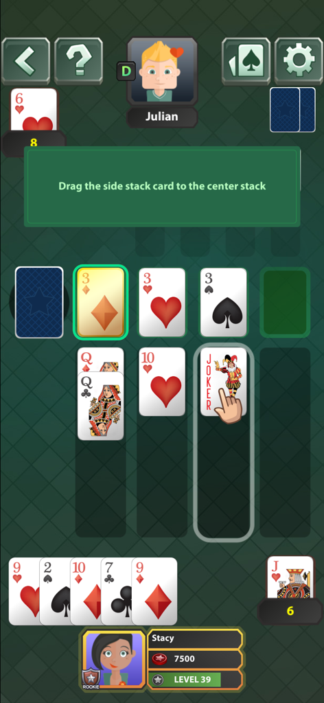 Spite and Malice Card Game - Uno screenshot del gioco di carte Spite and Malice che mostra le istruzioni di gioco e la disposizione delle carte su uno sfondo verde