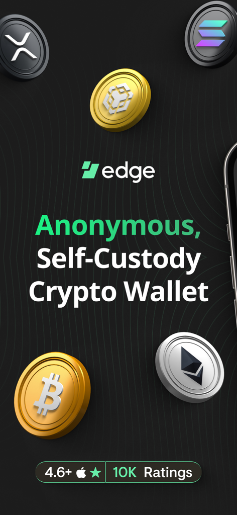 Edgeの匿名自己管理型暗号資産ウォレットのプロモーション画面。BitcoinとEthereumのアイコン、アプリストアの評価が表示されています。