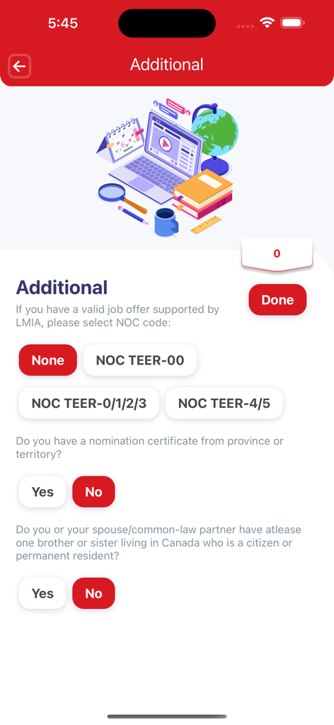 CRS Score Calculator - Canada - CRS Score Calculator App-Bildschirm mit Optionen für zusätzliche Punkte für Canada Express Entry, einschließlich Stellenangeboten und Provinznomminierungen