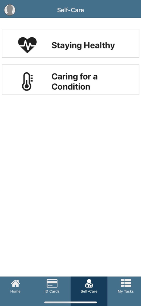 Missionary Care - The self-care screen of the Missionary Care app with buttons for staying healthy and caring for a condition.