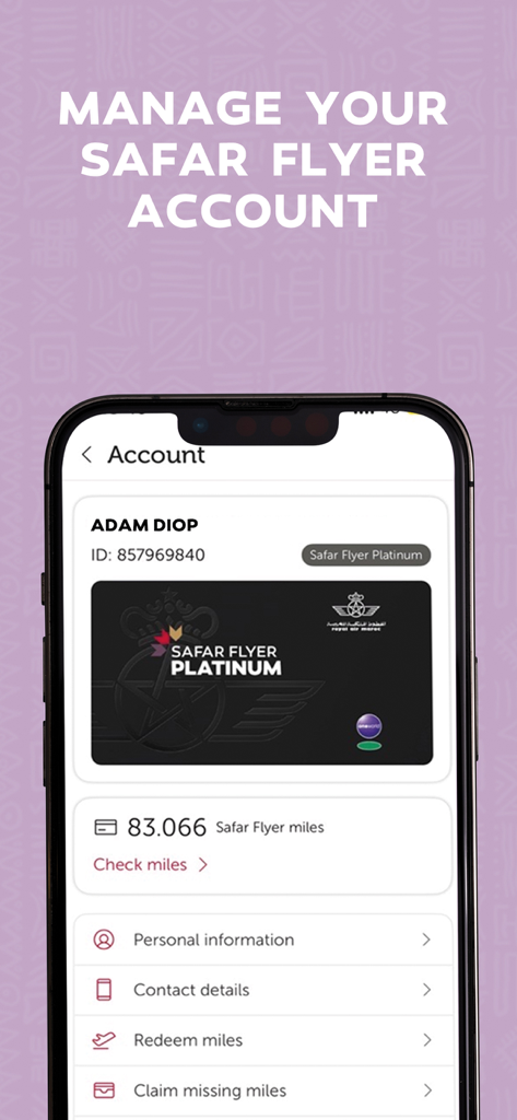 Royal Air Maroc - サファーフライヤープラチナロイヤルティアカウントとマイル残高を表示するロイヤル・エア・モロッコアプリ画面