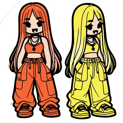 girl in baggy pants crop top and long hair