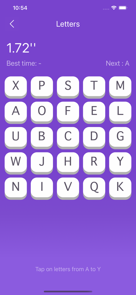Interface of the Schulte Table app showing a 5x5 grid of random letters for cognitive and speed reading training.