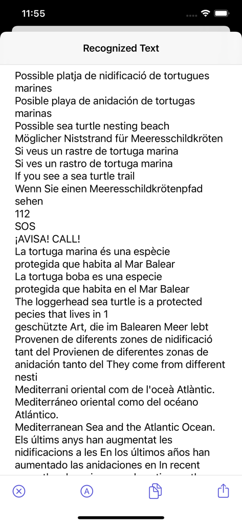 A screen in the Photos Search Text app displaying recognized text extracted from a photo in multiple languages.