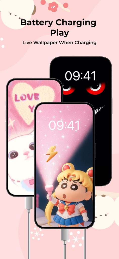 Emoji Battery Widget-BunnyWath - Three iPhones displaying cute live wallpapers and animations for battery charging screens.