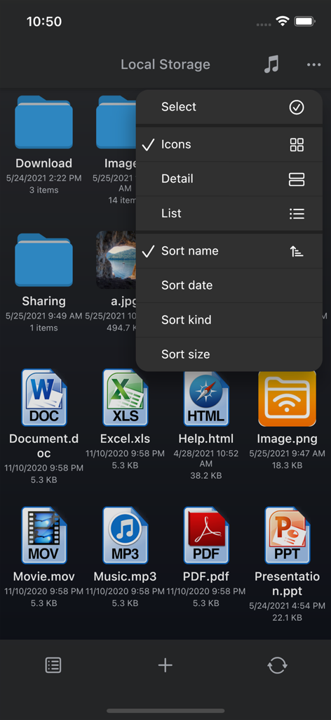 AirDisk Pro - AirDisk Pro app showing local storage files with sorting and view options menu