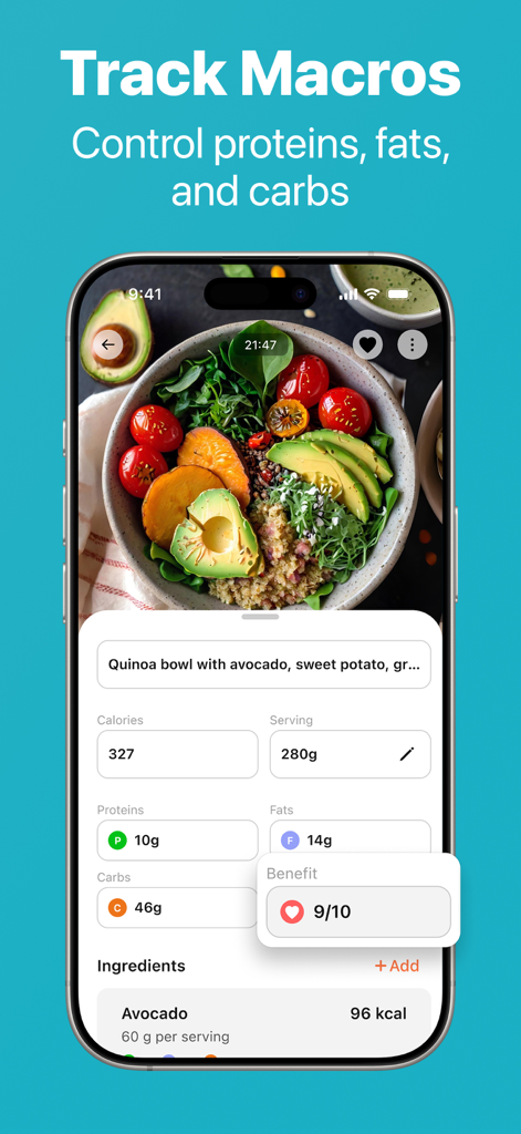 Macro tracking interface in MyPlate Calorie Counter app showing nutritional data for a healthy quinoa bowl