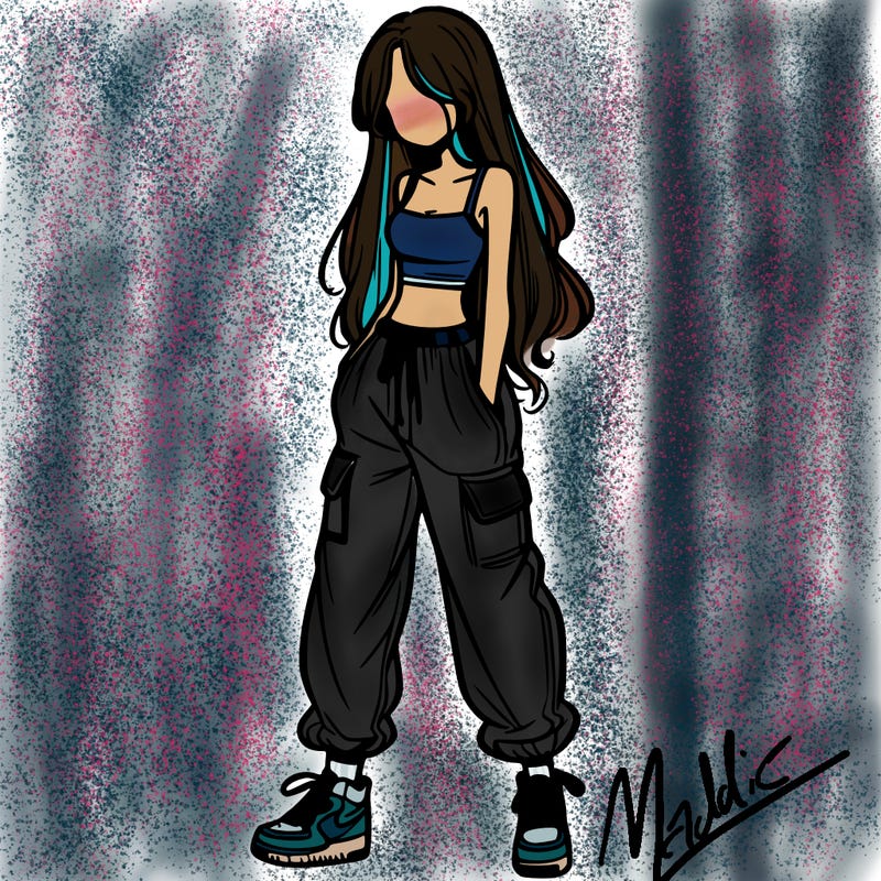 girl in baggy pants crop top and long hair