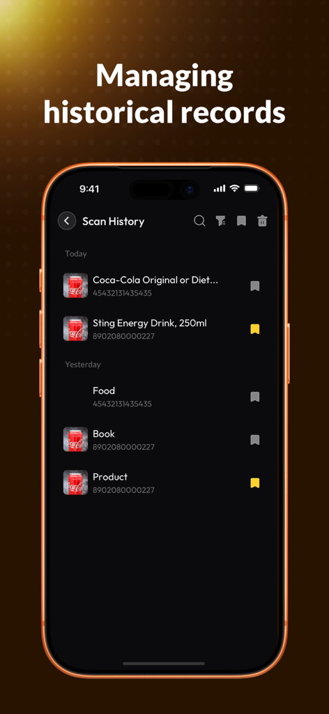 ScanGlow - Barcode Scanner - A smartphone screen showing the ScanGlow app scan history page with a list of recently scanned products and barcodes