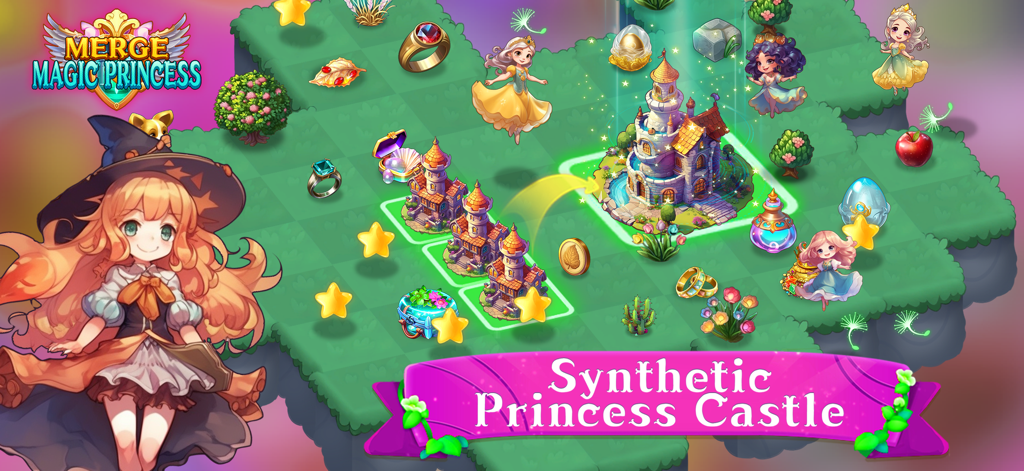 Gameplay of Merge Magic Princess showing the synthetic princess castle and cute anime chibi characters on a floating island