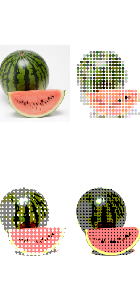 dot ART - Mosaic Effects App - A comparison showing a watermelon original photo alongside mosaic and halftone dot art filter effects