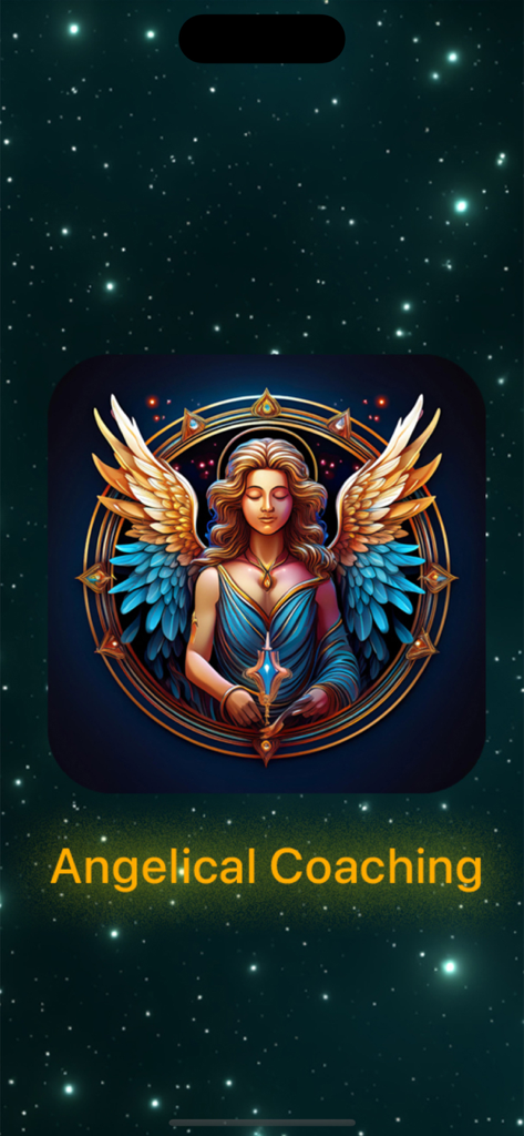 Angelical Coaching - Pantalla de inicio de la aplicación Angelical Coaching con una ilustración espiritual de un ángel y un fondo estrellado