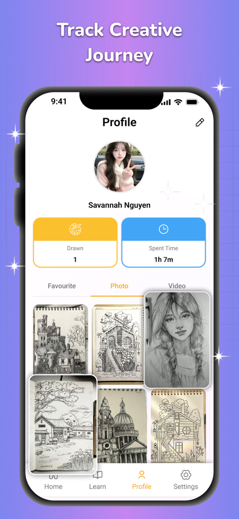 AR Drawing - Trace Drawing - User profile screen in the AR Drawing app showing drawing statistics and a gallery of completed sketches.