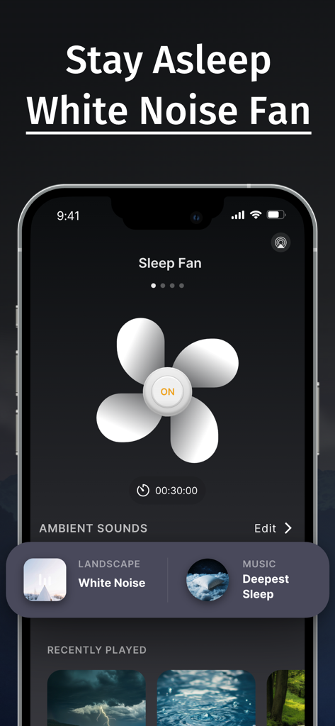 Tap Fan Noise for Sleep - Interfaz de la aplicación Tap Fan Noise para Dormir que muestra un icono de ventilador y un temporizador de sueño