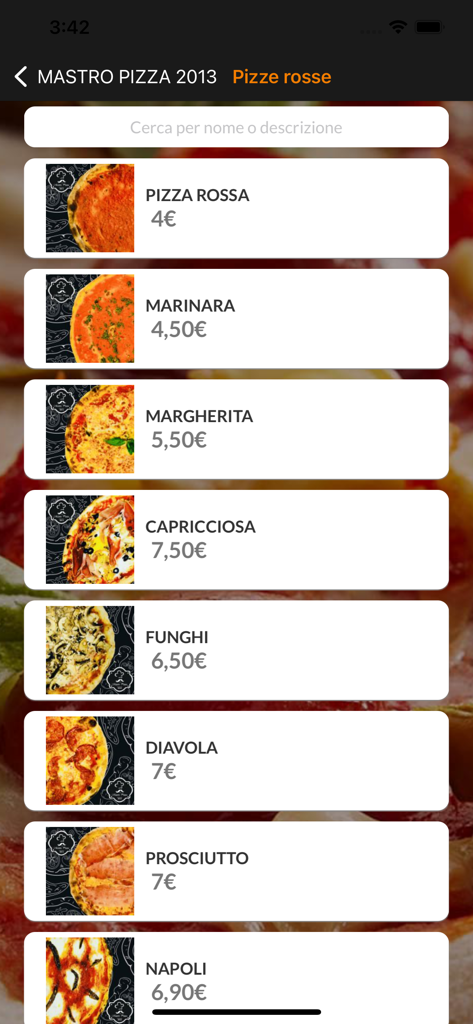 Mastro Pizza 2013 app menu screen showing a list of red pizzas with prices