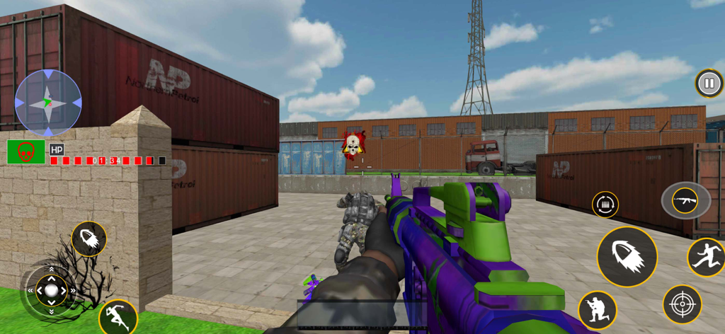 FPS Strike Ops : Modern Arena - First person shooter gameplay in an industrial arena with a colorful assault rifle