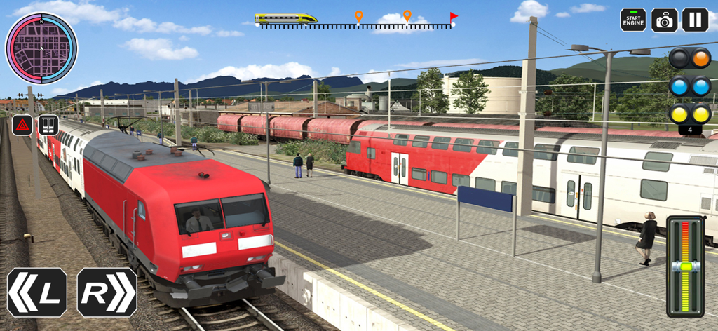 City Train Driver Game 2020 - A red and white locomotive stopped at a city station platform in a 3D train driving simulator.