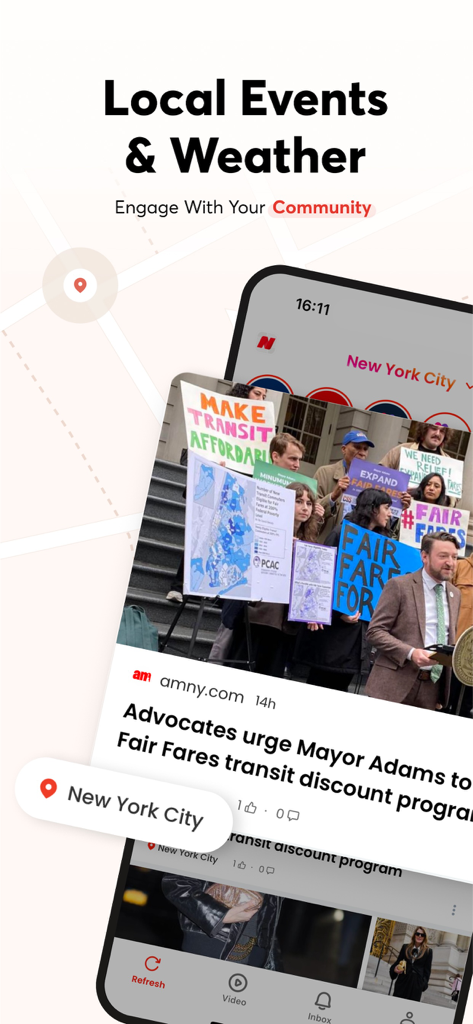 Opera News: Breaking & Local - Opera Newsアプリのインターフェイスに、ニューヨーク市のローカルイベントと天気予報の見出しが表示されている。