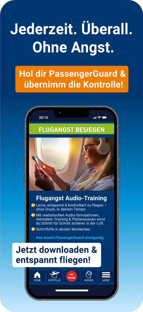 PassengerGuard: Flugangst - Smartphone que muestra la interfaz de la aplicación PassengerGuard para entrenamiento de audio sobre ansiedad por volar con una mujer usando auriculares en un avión