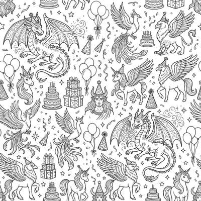 Get ready for a mythical birthday party! This seamless coloring pattern bursts with dragons, unicorns, griffins, and other fantasy creatures celebrating amongst cakes and balloons.