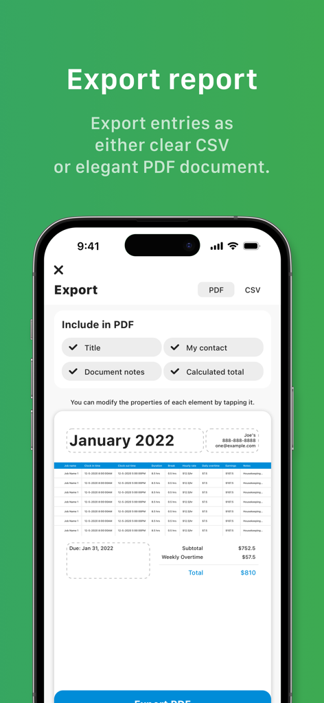 Tiny Hours Tracker, Time Clock - Tiny Hours App-Bildschirm zeigt Optionen zum Exportieren von Arbeitszeitprotokollen als professionelle PDF- oder CSV-Berichte.