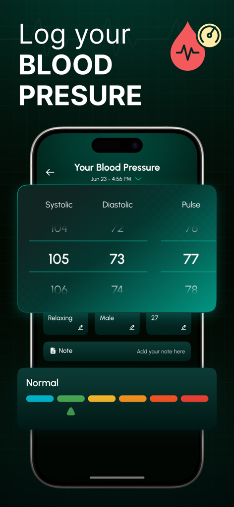 Blood Pressure & Heart Monitor - Smartphone screen showing blood pressure logging interface with systolic and diastolic readings and a normal status indicator