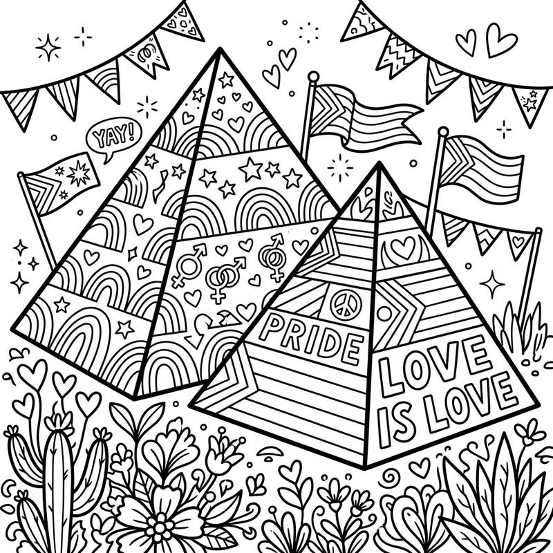 Dive into a world of creativity and celebration with our Bent Pyramids Pride Month coloring page! This unique design blends ancient wonders with vibrant symbols of love and diversity, perfect for a joyful coloring experience.
