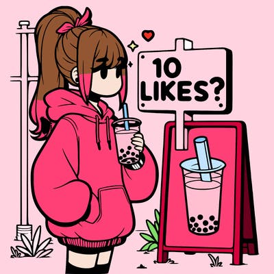 girl with oversized hoodie drinking boba and she has a high ponytail with a sign that says 10likes?