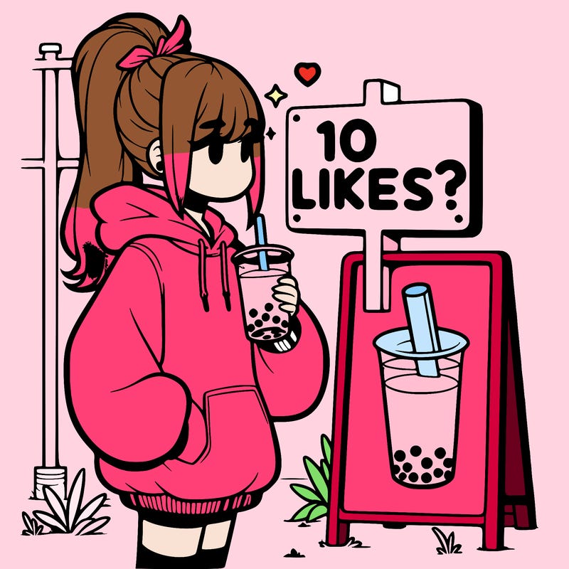 girl with oversized hoodie drinking boba and she has a high ponytail with a sign that says 10likes?