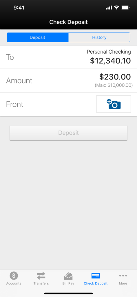 Interface de dépôt de chèque mobile pour l'application Neches Federal Credit Union