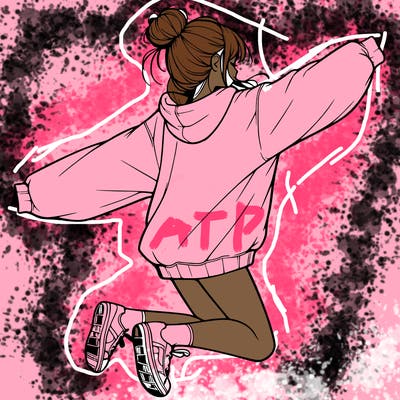 realistic girl jumping with a bun and oversized sweatshirt