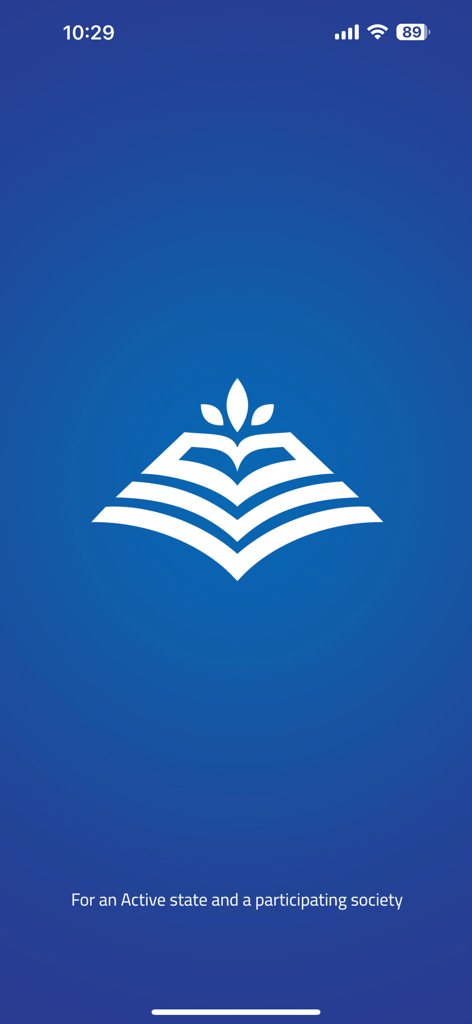 مركز البيان للدراسات والتخطيط - Pantalla de inicio de la aplicación Al-Bayan Center for Planning and Studies con su logo blanco y lema en inglés sobre un fondo azul