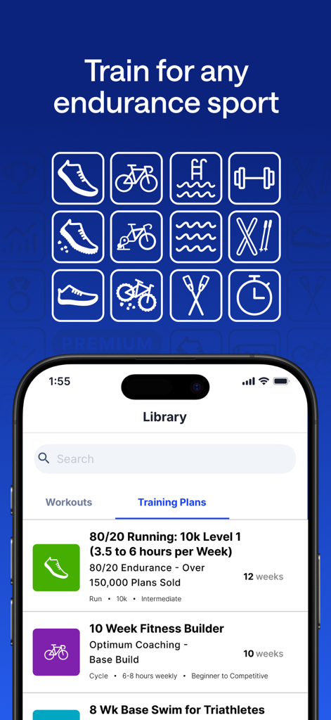 Die TrainingPeaks App zeigt eine Bibliothek von strukturierten Trainingsplänen für Ausdauersportarten wie Laufen und Radfahren.