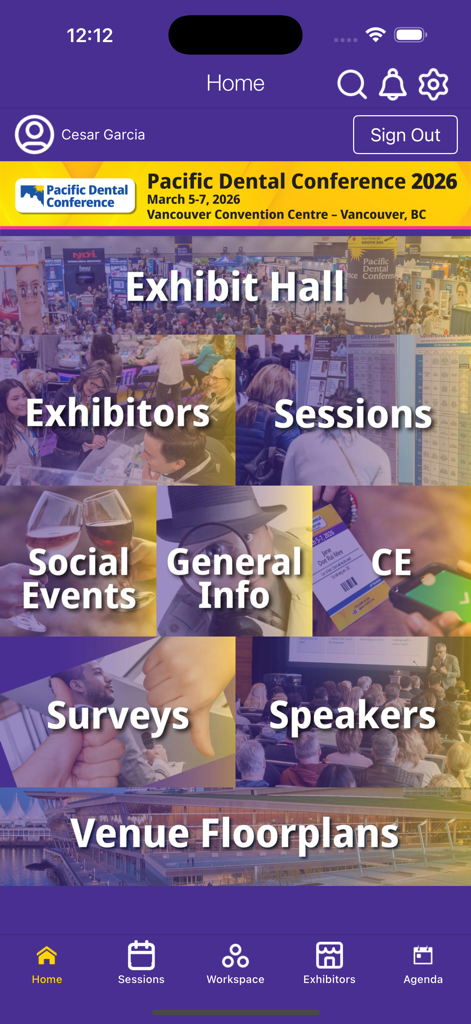 Pacific Dental Conference - Home dashboard of the Pacific Dental Conference app showing navigation tiles for sessions exhibitors and CE information