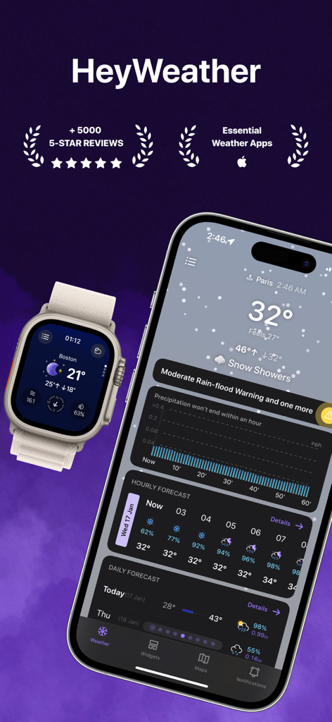 HeyWeather app user interface on iPhone and Apple Watch showing accurate weather forecasts and five star ratings