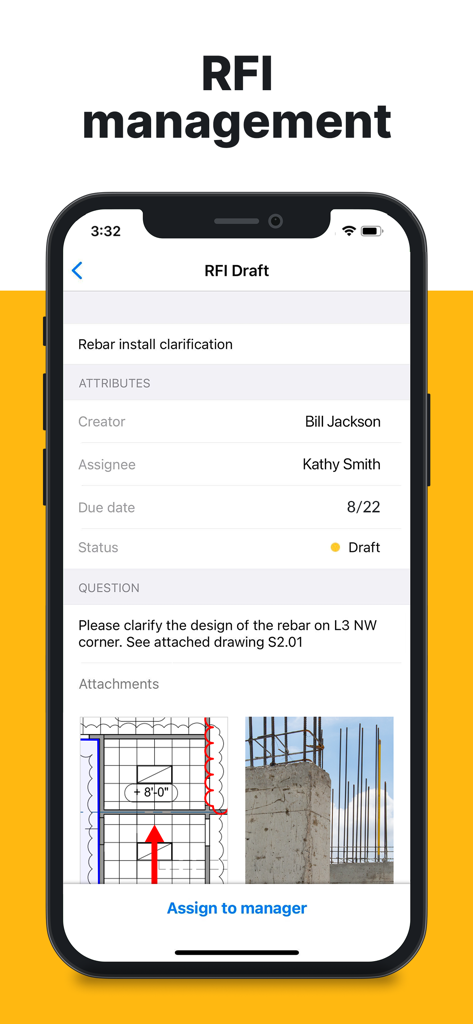 Fieldwire app interface showing RFI management with draft details and construction site attachments
