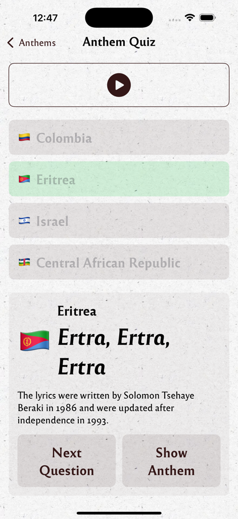 A screenshot of the national anthem quiz interface in the Anthems app showing Eritrea as the correct answer with historical facts