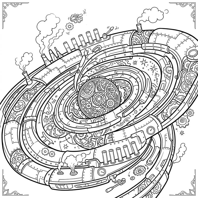 Embark on an epic coloring journey with this mesmerizing Steampunk Accretion Disk. Discover a universe where celestial wonders meet intricate gears and steam-powered mechanisms, ready for your creative touch.