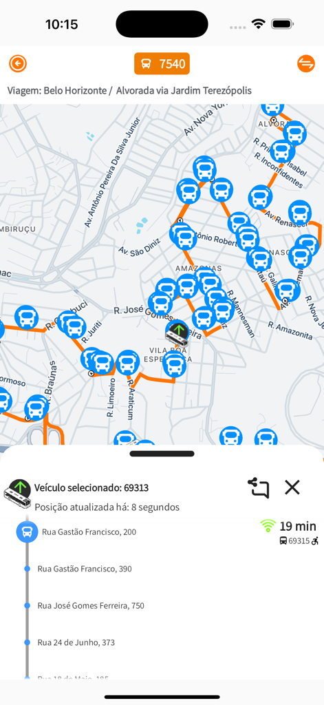 Mapa de rastreamento de ônibus em tempo real com localização do veículo e horário de chegada no aplicativo Otimo