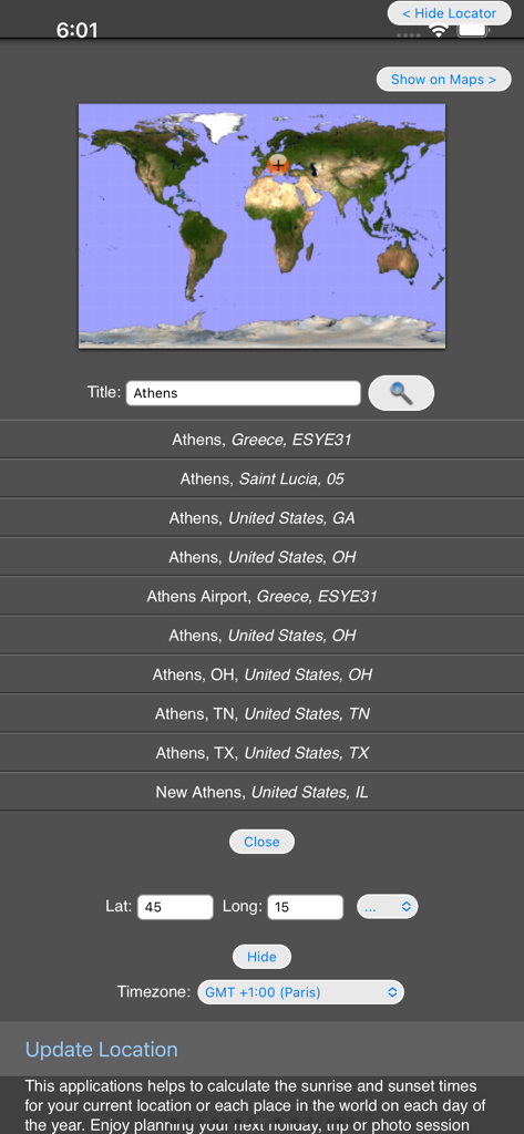 Sunset - Location search interface in the Sunset app with a world map and city results for Athens