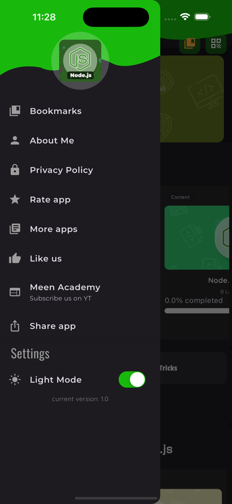 Side navigation menu of the Learn Node.js and Express.js app showing settings and navigation options