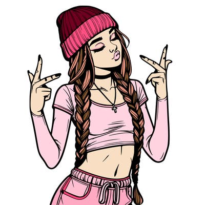 realistic teenage girl with braids and a beanie and crop top doing 🫶🏼